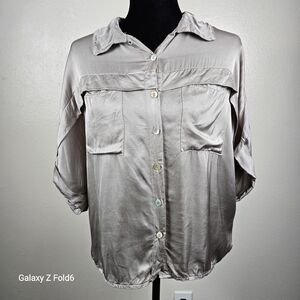 Sophia Made in‎ Italy Silk Feel Taupe Button Down Blouse Front Pockets Small